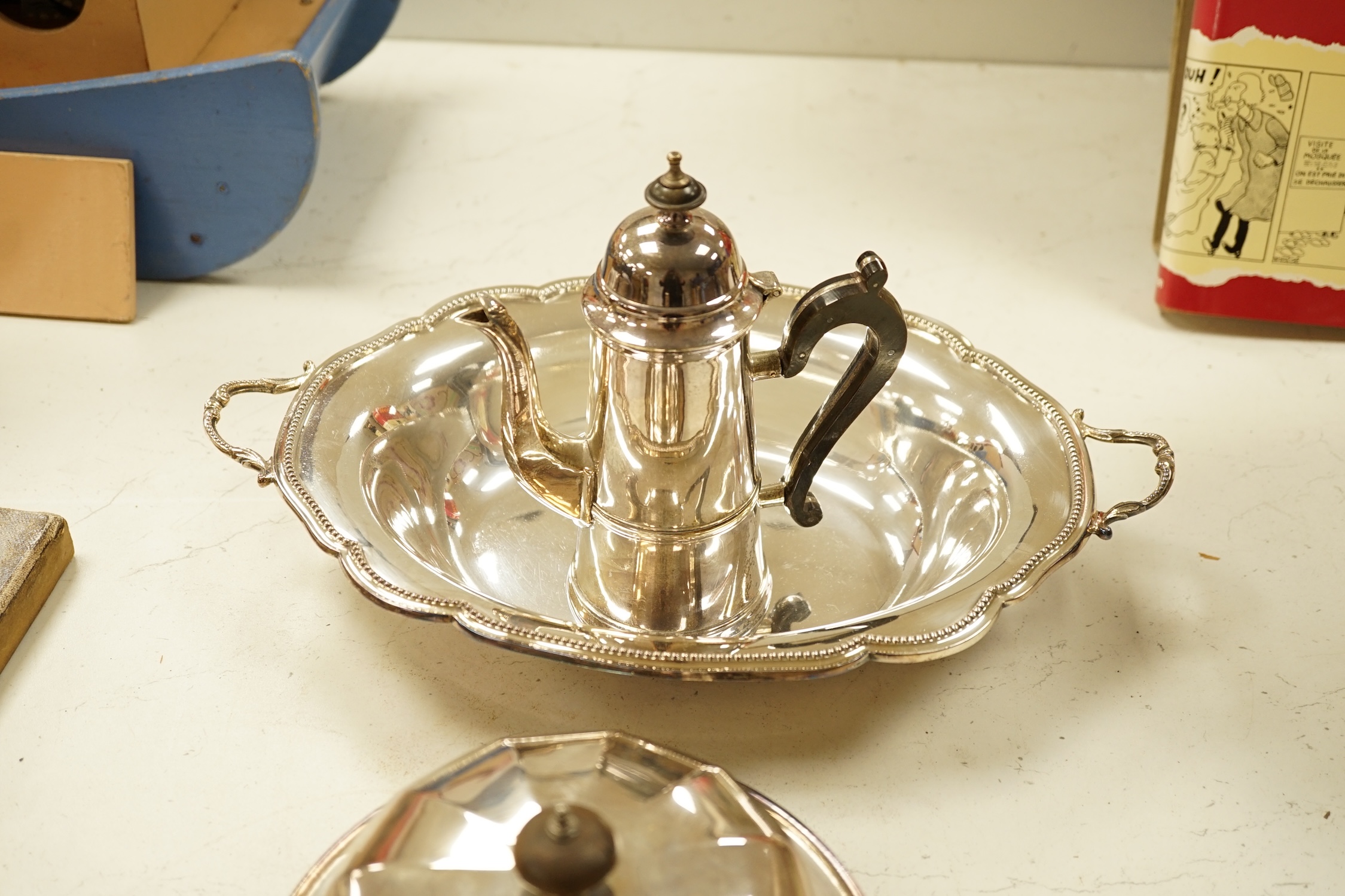 A silver mounted perfume bottle and quantity of plate. Condition - fair to good